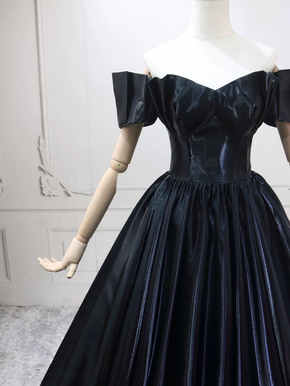 A-Line Off Shoulder Satin Black Long Prom Dress, Black Long Evening Dress