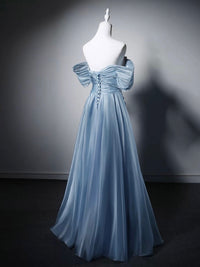 A-line Sweetheart Off Shoulder Blue Long Prom Dress with Beads