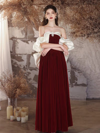 A-Line Velvet Burgundy Long Prom Dress, Burgundy Long Formal Dress