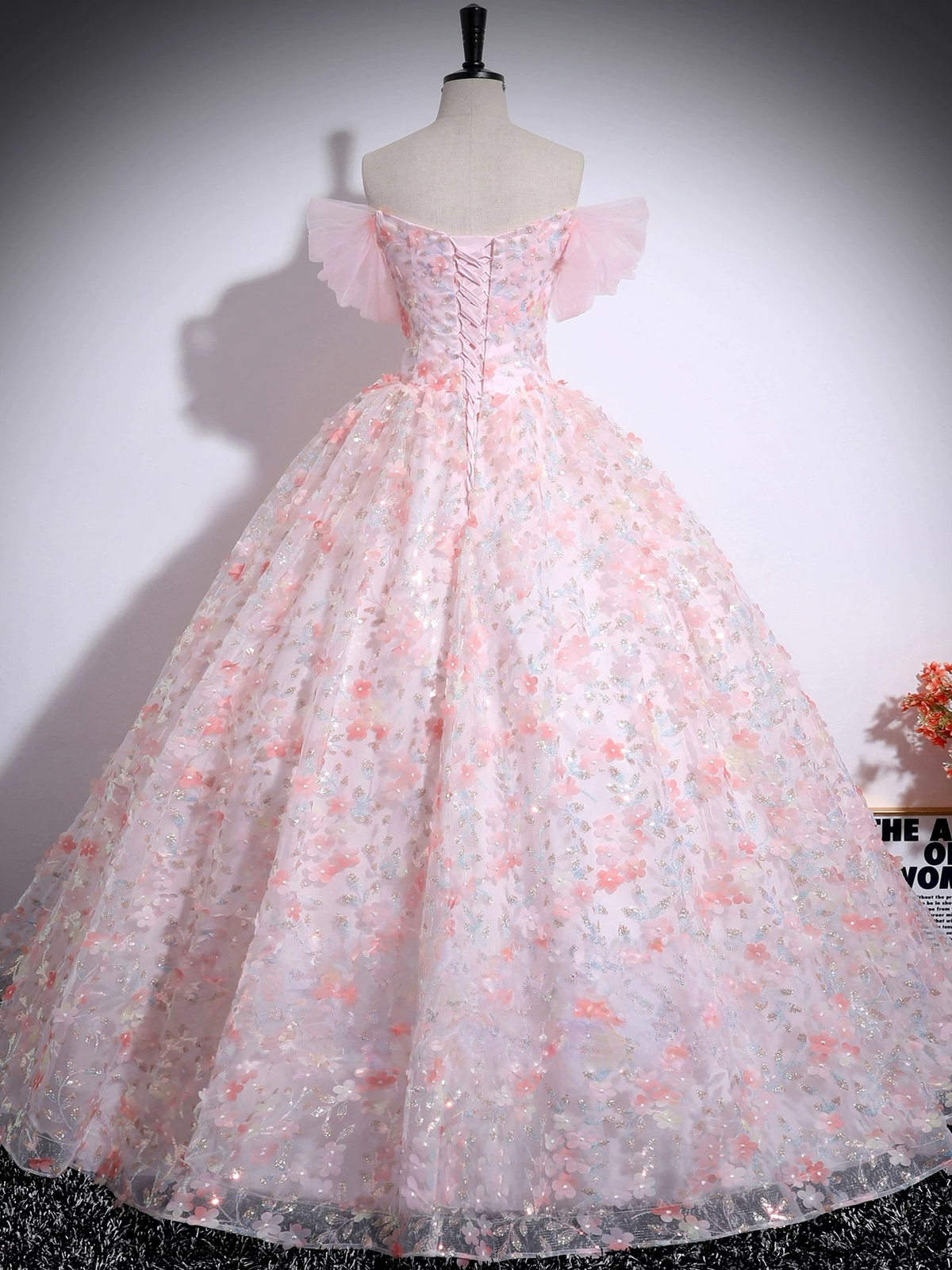 A-Line Tulle Lace Pink Long Prom Dress, Pink Long Evening Dress