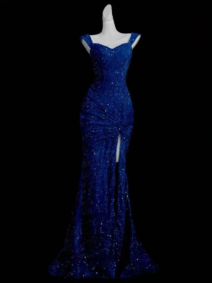 Mermaid Off Shoulder Velvet Sequin Blue Long Prom Dress