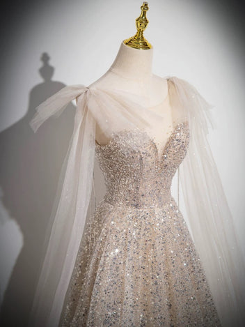 A Line Scoop Sequins Open Back Champagne Tulle Long Prom Dress LBQ4148 main image 1