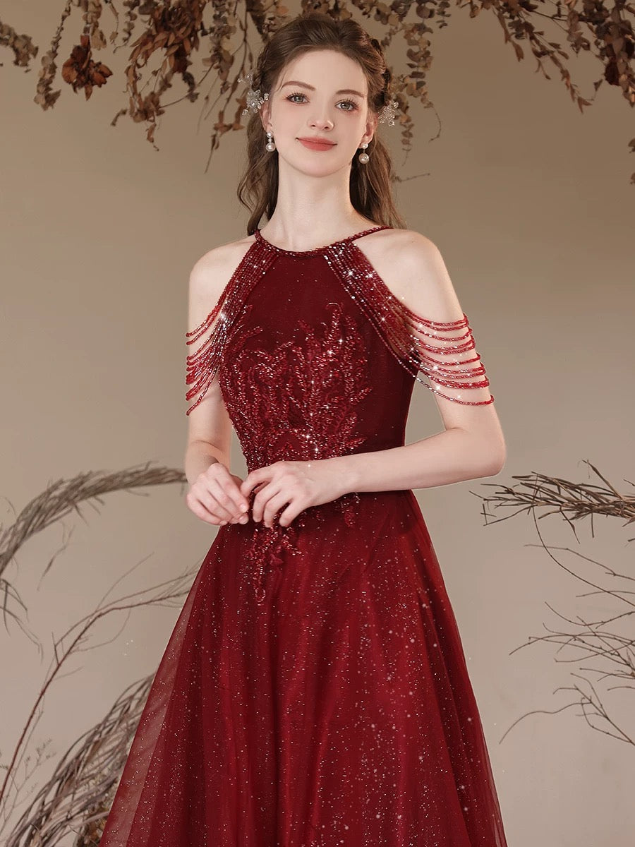 A-Line Tulle Sequin Beads Burgundy Long Prom Dress, Burgundy Long Evening Dress