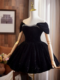Off Shoulder A-Line Velvet Black Prom Dress, Black Homecoming Dress