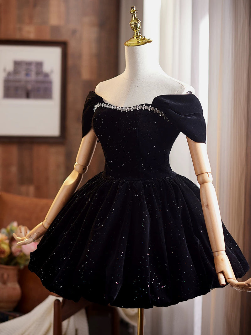 Off Shoulder A-Line Velvet Black Prom Dress, Black Homecoming Dress