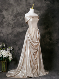 A-Line Off Shoulder Champagne Long Prom Dress, Champagne Long Formal Dress