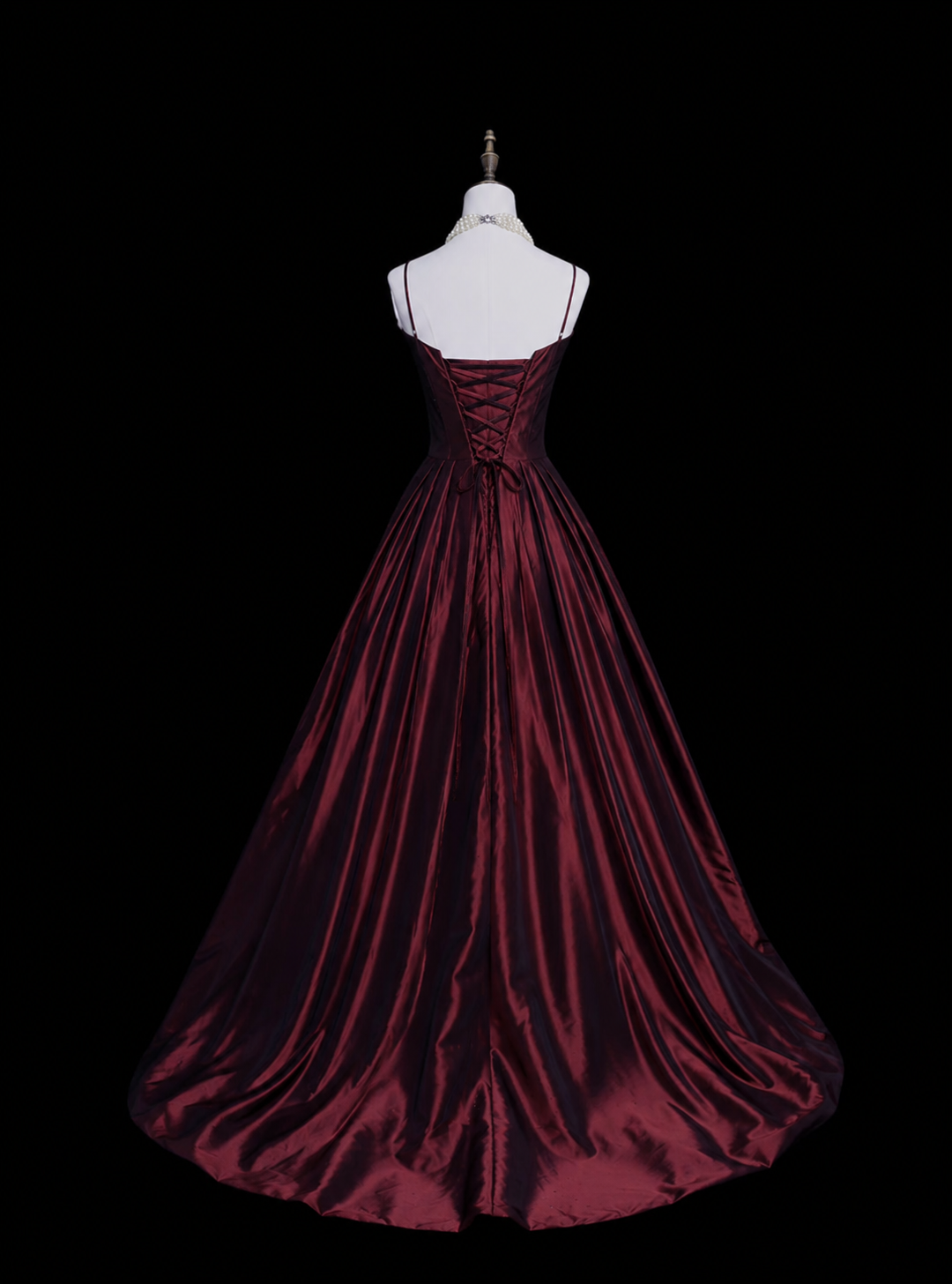 A-line Spoon Neck Satin Burgundy Long Prom Dress with Beds