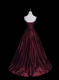 A-line Spoon Neck Satin Burgundy Long Prom Dress with Beds