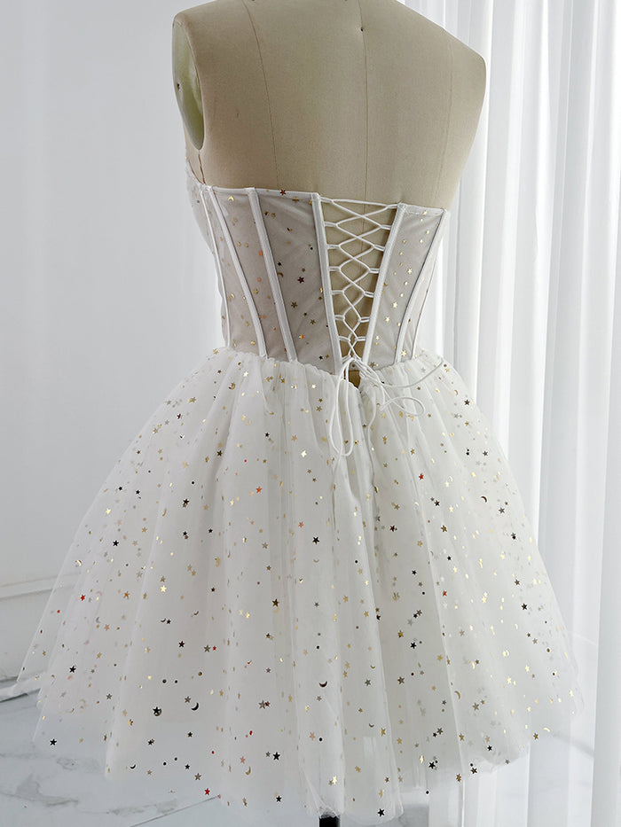 White A-Line Tulle Star Short Prom Dress, White Cute Homecoming Dress