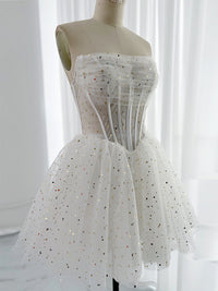 White A-Line Tulle Star Short Prom Dress, White Cute Homecoming Dress