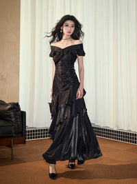 Mermaid Off Shoulder Silk Floor Length Black Prom Dress