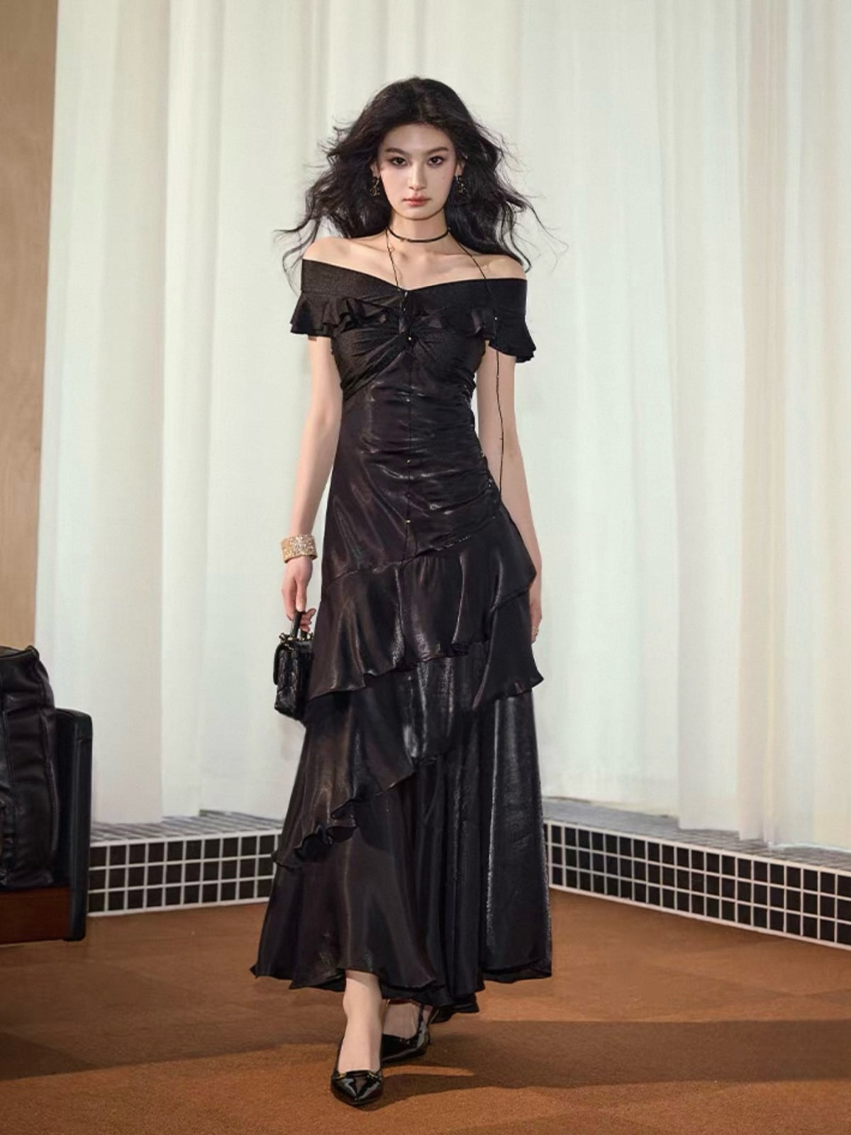 Mermaid Off Shoulder Silk Floor Length Black Prom Dress