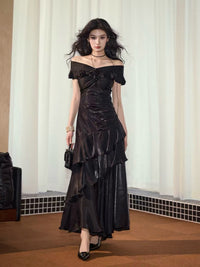 Mermaid Off Shoulder Silk Floor Length Black Prom Dress