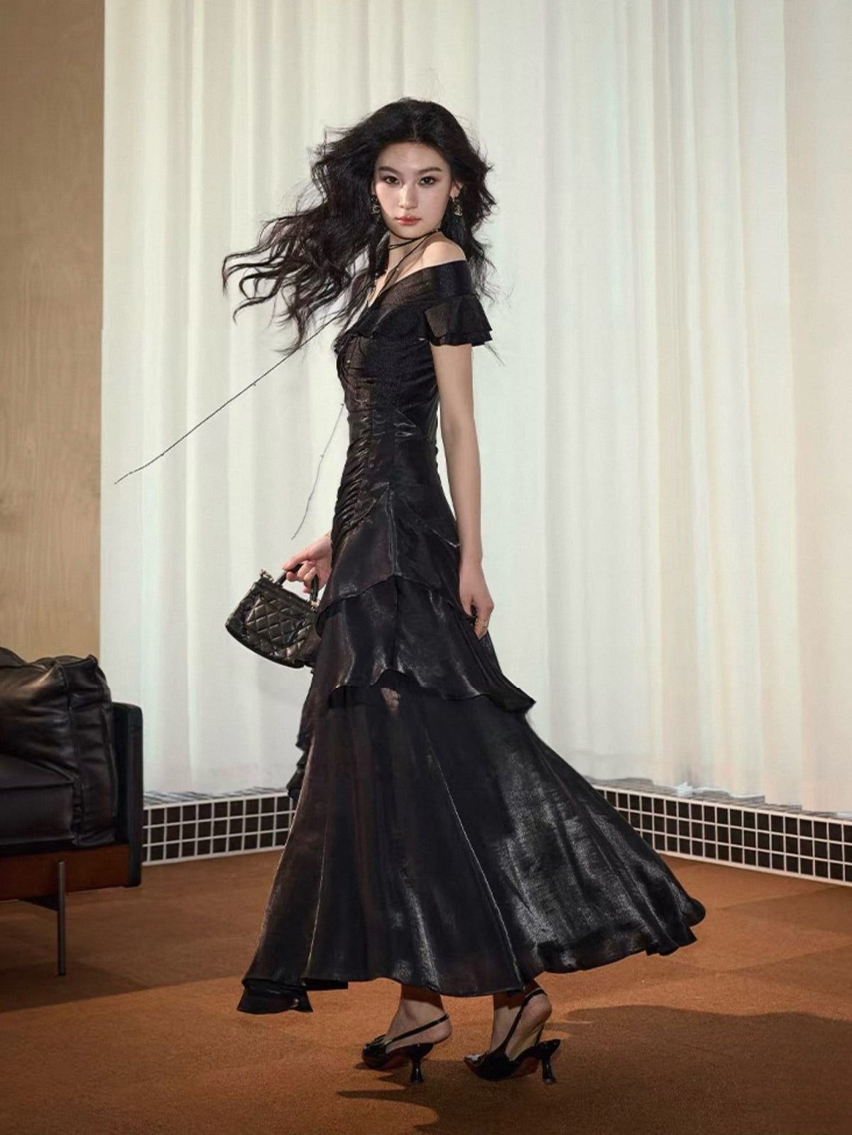 Mermaid Off Shoulder Silk Floor Length Black Prom Dress