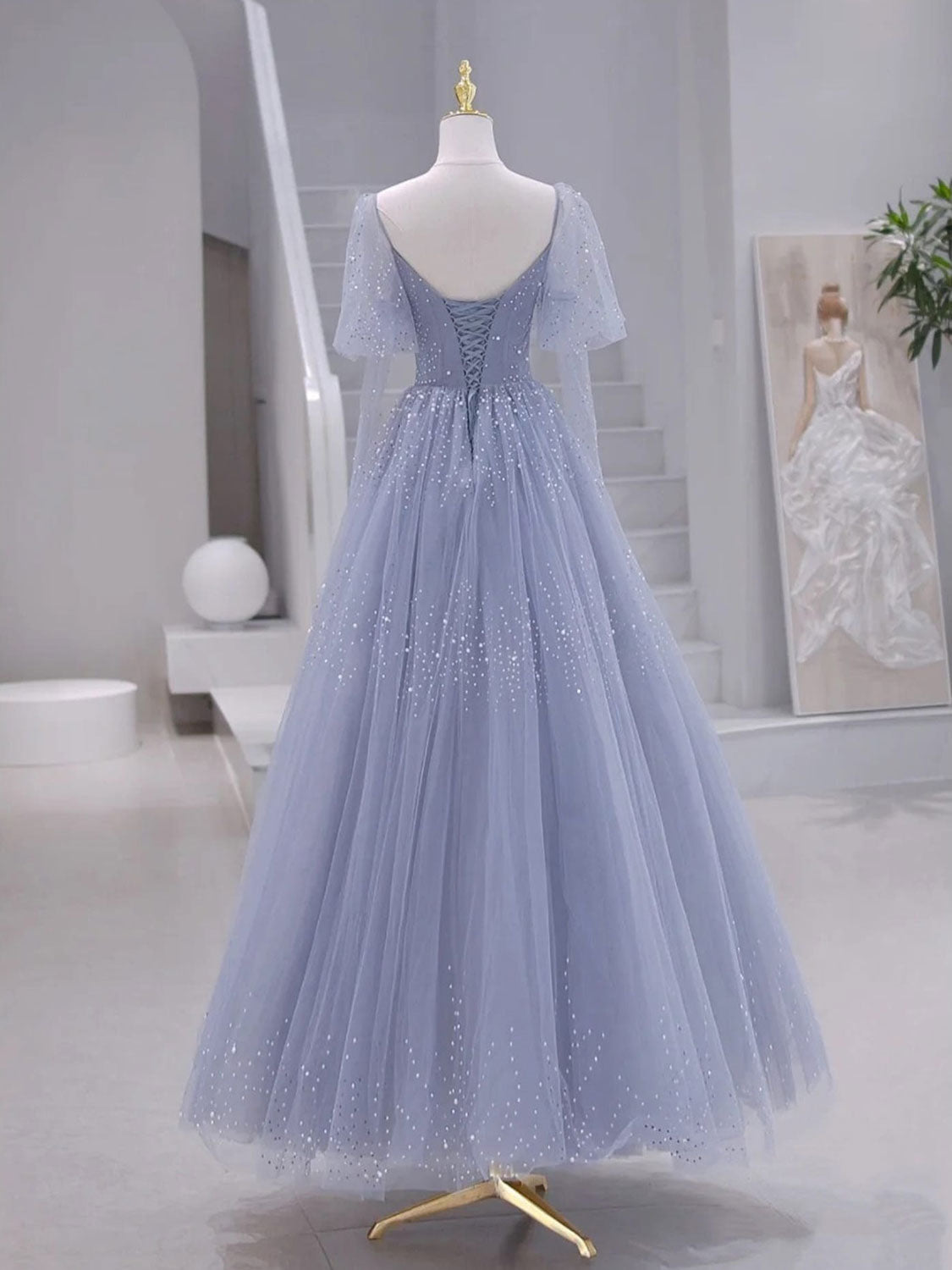 A-Line Long sleeves Beading Gray Blue Long Prom Dress, Gray Blue Formal Dress