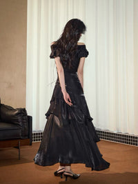 Mermaid Off Shoulder Silk Floor Length Black Prom Dress
