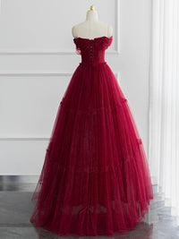 A-Line Tulle Burgundy Long Prom Dress, Tulle Long Formal Dress