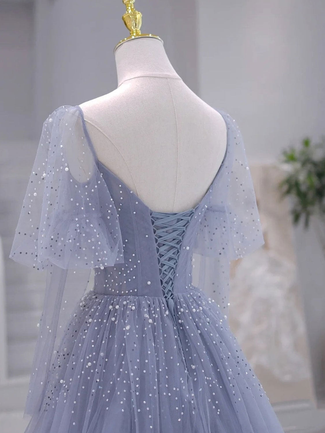 A-Line Long sleeves Beading Gray Blue Long Prom Dress, Gray Blue Forma
