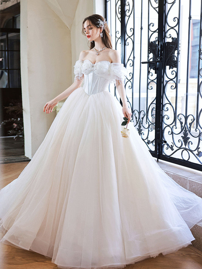 White Sweetheart Neck Tulle Long Prom Dress, White Sweet 16 Dress