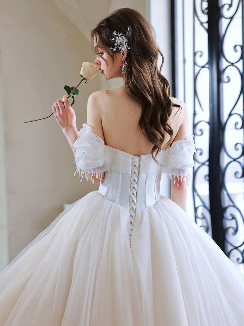 White Sweetheart Neck Tulle Long Prom Dress, White Sweet 16 Dress