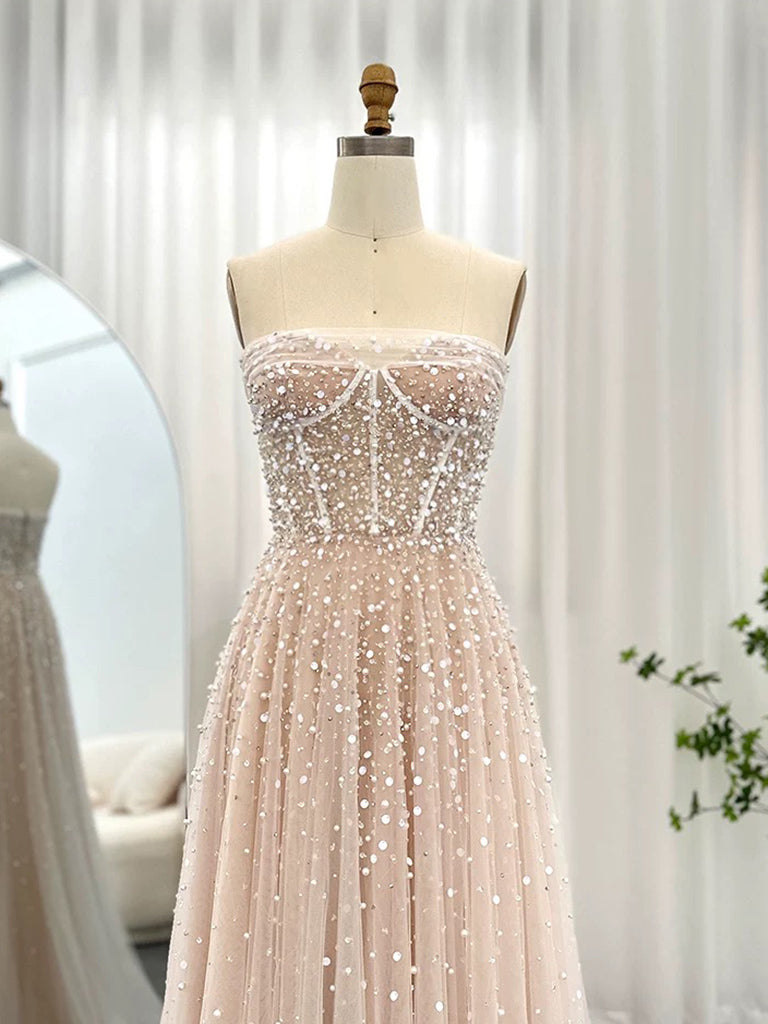 A-Line Tulle Beads Sequin Champagne Long Prom Dress, Champagne Formal Dress