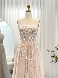A-Line Tulle Beads Sequin Champagne Long Prom Dress, Champagne Formal Dress