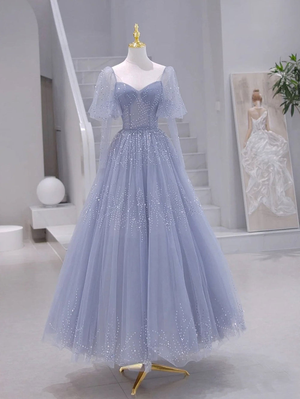 A-Line Long sleeves Beading Gray Blue Long Prom Dress, Gray Blue Forma