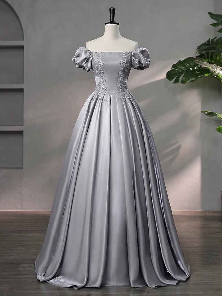 A-Line Puff Sleeves Satin Lace Gray Long Prom Dress