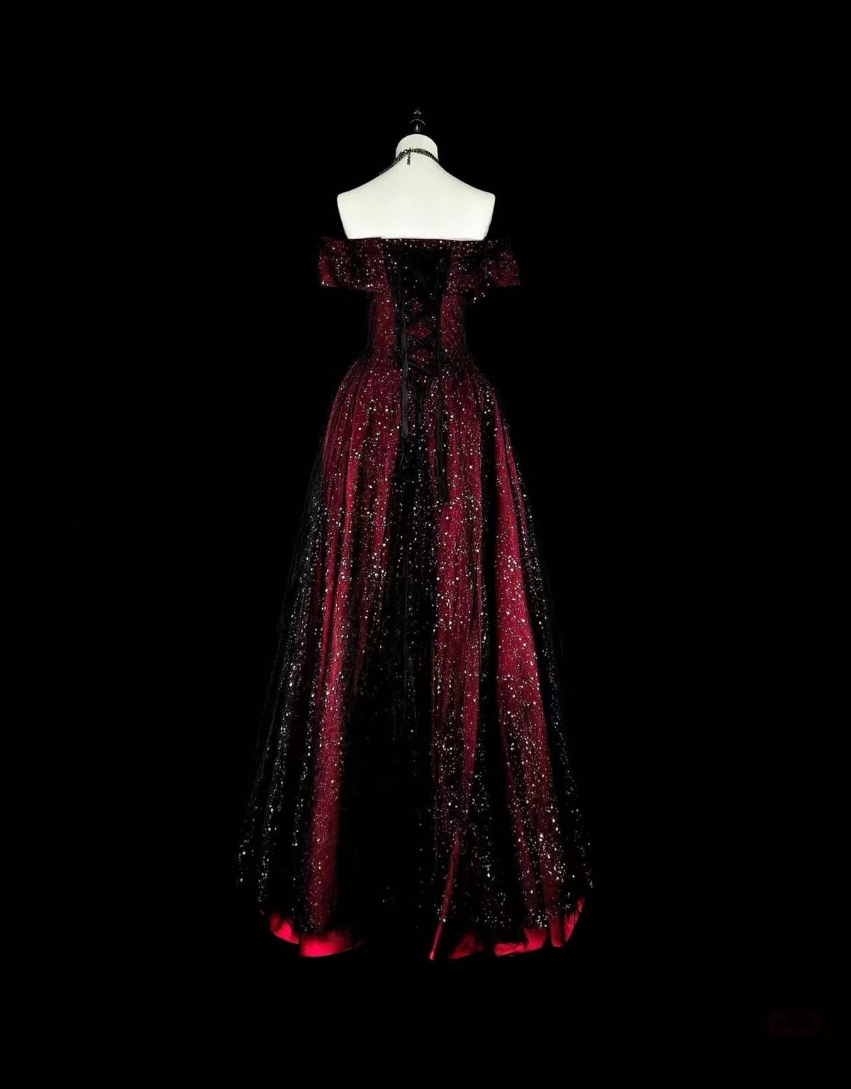 A-line Off Shoulder Tulle Sequin Burgundy/Black Long Prom Dress