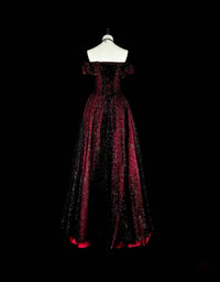 A-line Off Shoulder Tulle Sequin Burgundy/Black Long Prom Dress