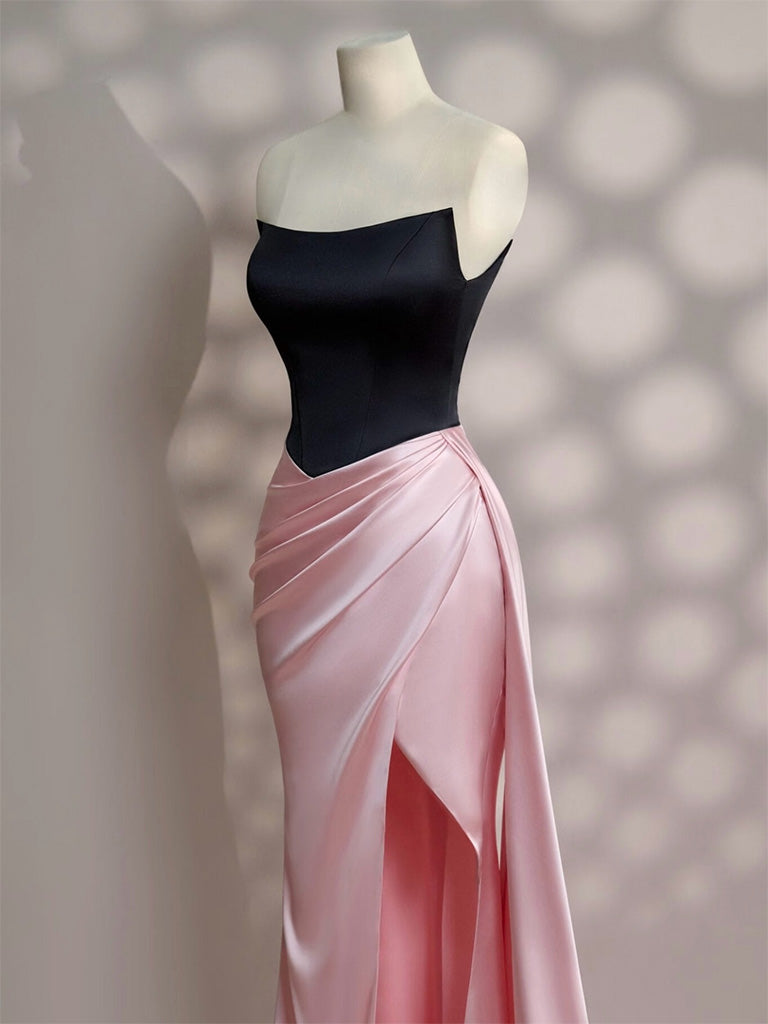 Simple Slit Pleated Mermaid Satin Sweep Train Pink Long Prom Dress