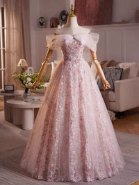 A-line Off Shoulder Tulle Lace Pink Long Prom Dress, Pink Long Evening Dress