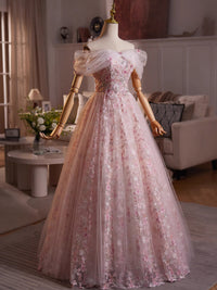 A-line Off Shoulder Tulle Lace Pink Long Prom Dress, Pink Long Evening Dress