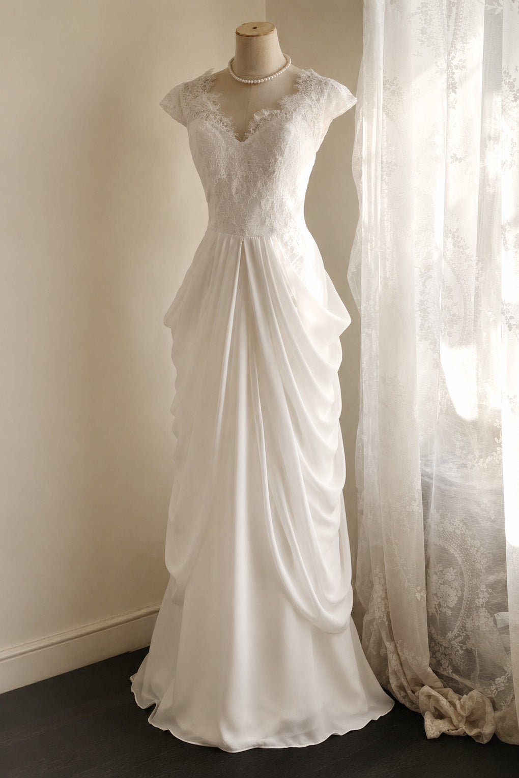 A-line V Neck Chiffon Lace ivory Long Party Bridesmaid Dress