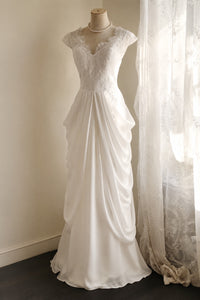A-line V Neck Chiffon Lace ivory Long Party Bridesmaid Dress
