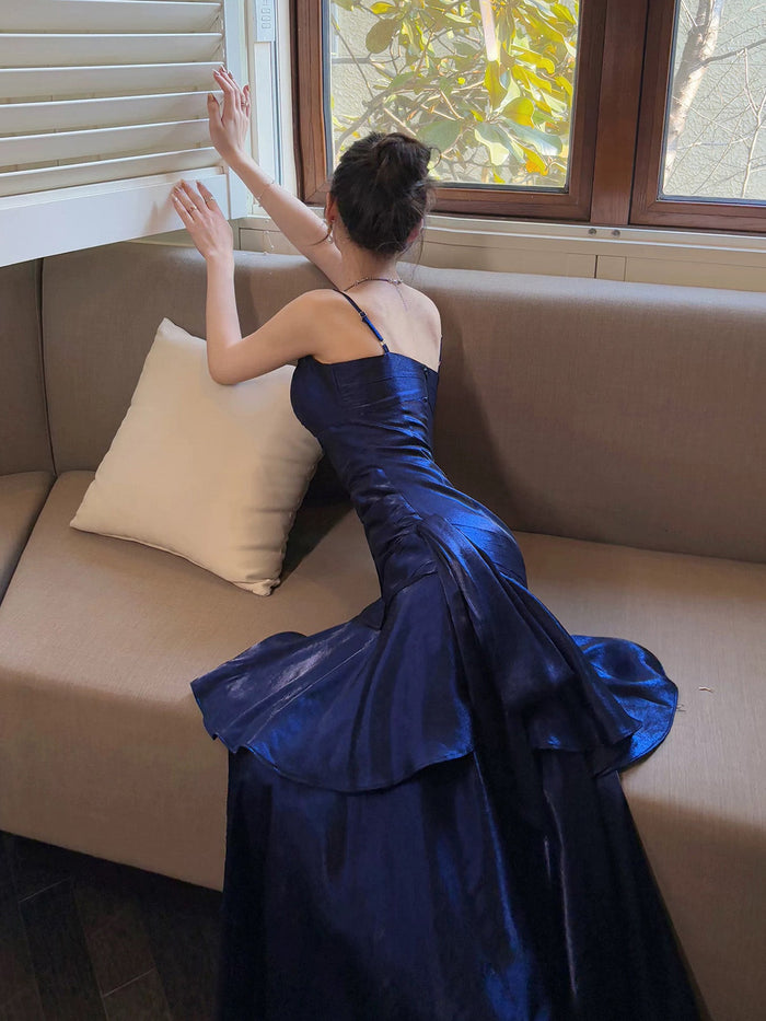 Simple Sweetheart Neck Ruffles Dark Blue Prom Dress, Blue Party Dress