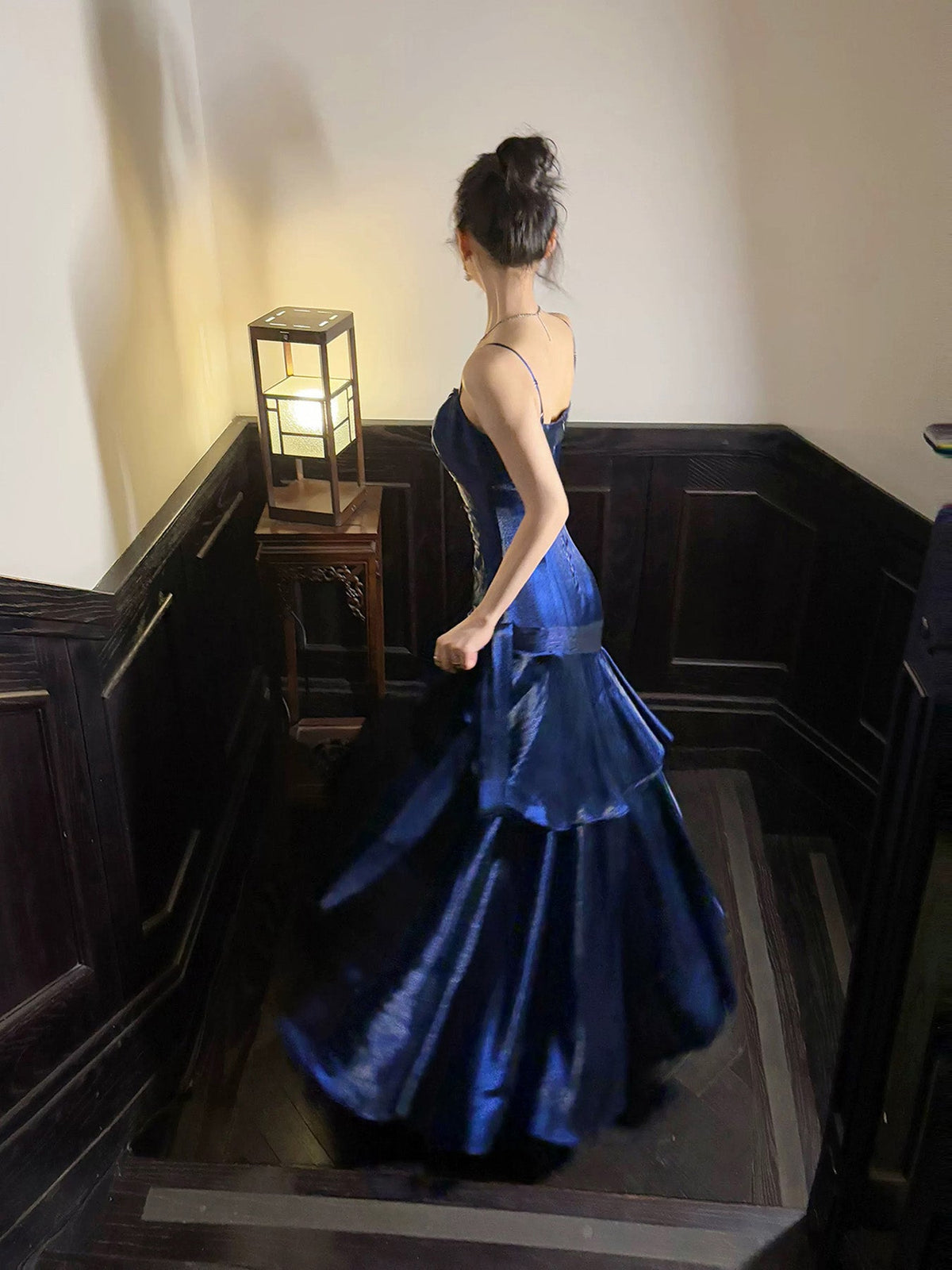 Simple Sweetheart Neck Ruffles Dark Blue Prom Dress, Blue Party Dress