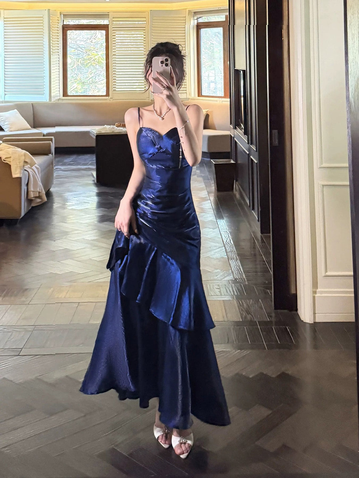 Simple Sweetheart Neck Ruffles Dark Blue Prom Dress, Blue Party Dress