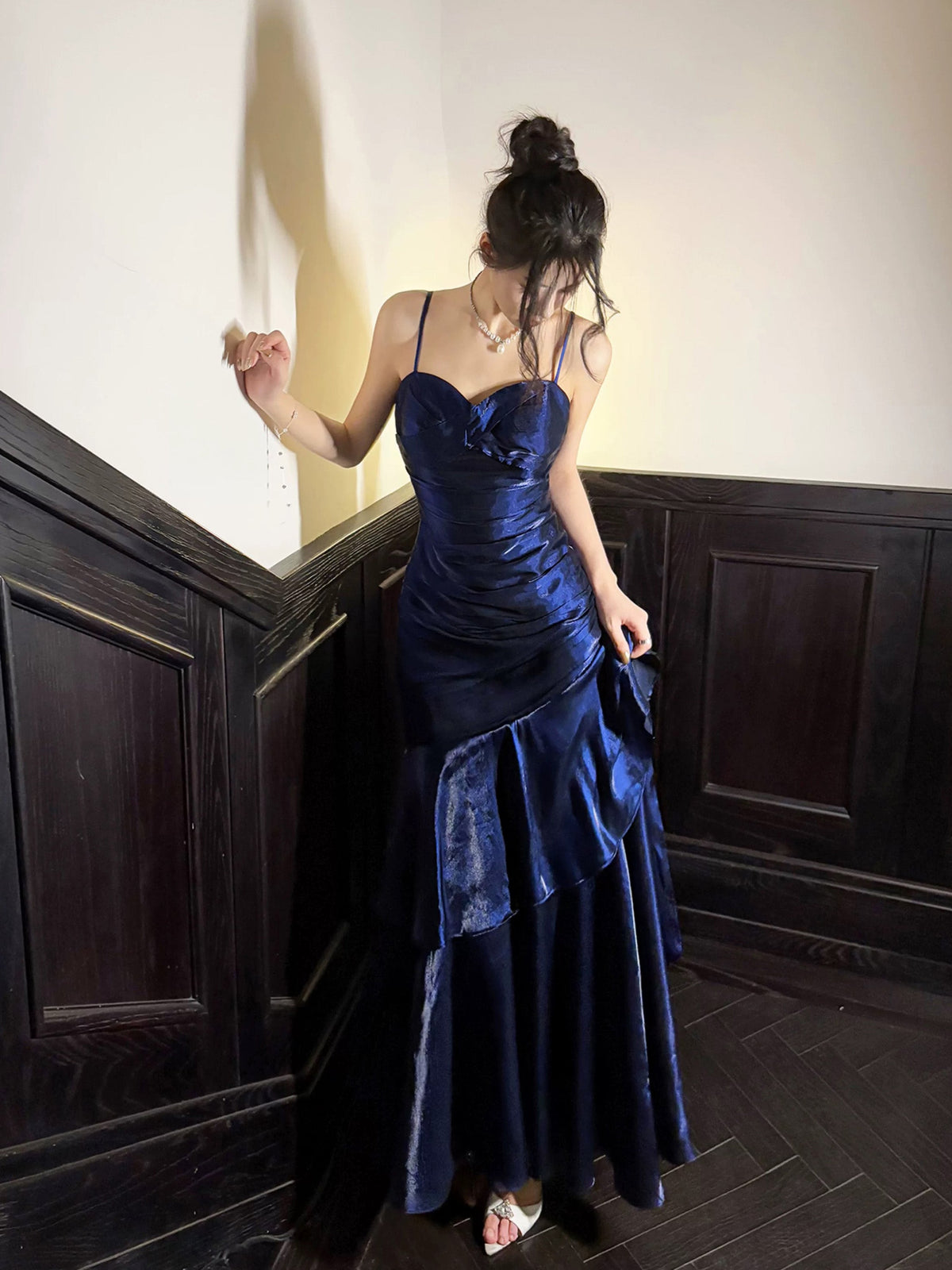 Simple Sweetheart Neck Ruffles Dark Blue Prom Dress, Blue Party Dress