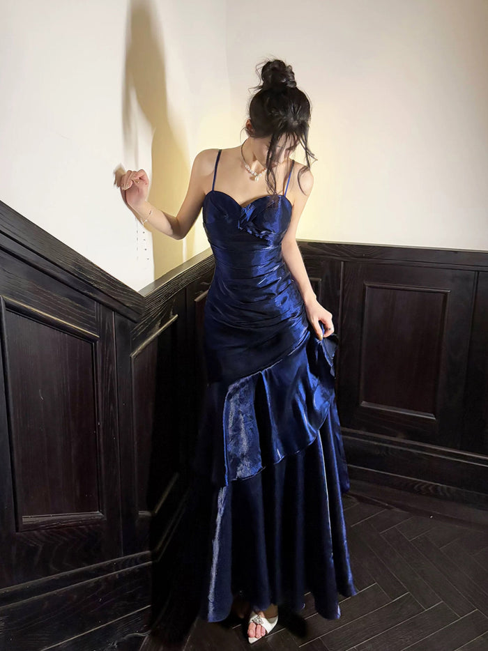 Simple Sweetheart Neck Ruffles Dark Blue Prom Dress, Blue Party Dress