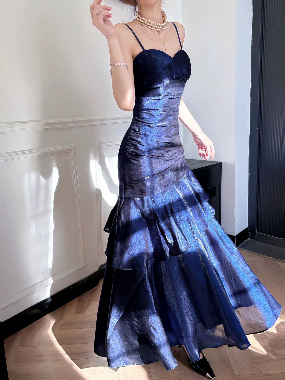 Simple Sweetheart Neck Ruffles Dark Blue Prom Dress, Blue Party Dress