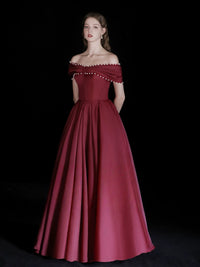 A-Line Off Shoulder Floor Length Burgundy Long Prom Dress with Beads