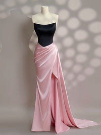 Simple Slit Pleated Mermaid Satin Sweep Train Pink Long Prom Dress