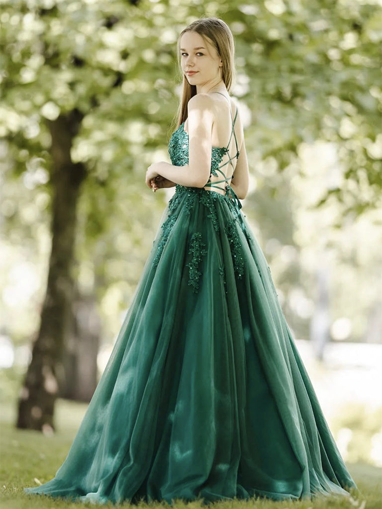 A-Line Tulle Lace Backless Green Long Prom Dress, Green Lace Long Formal Dress