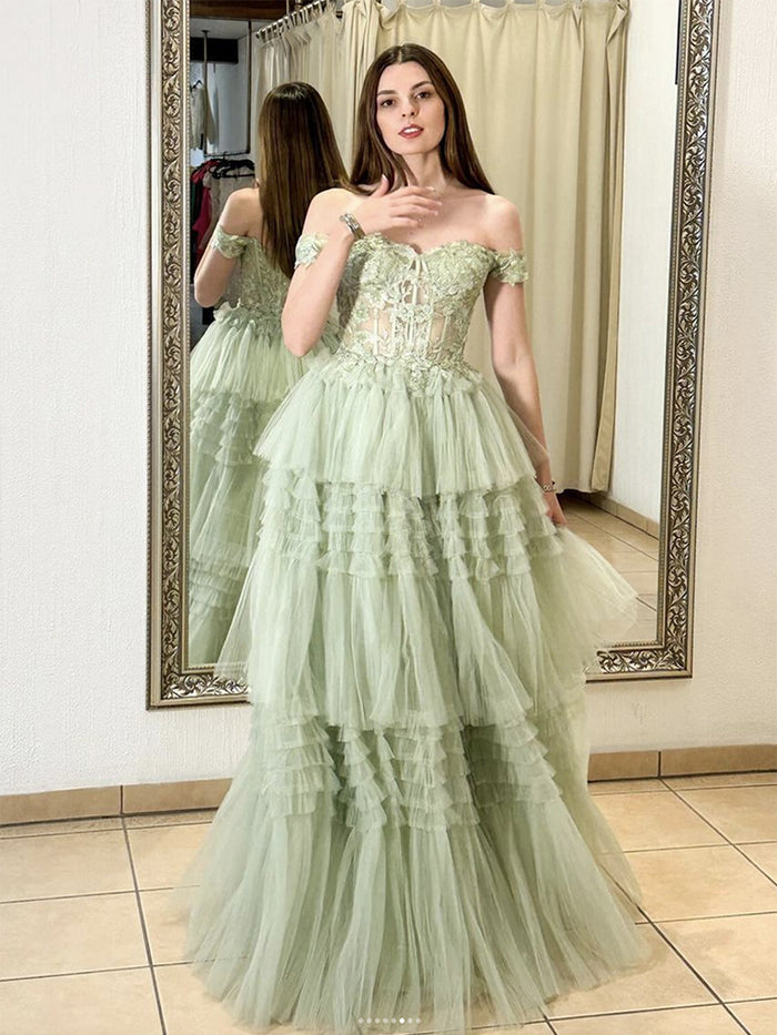 A-Line Sweetheart Neck Off Shoulder Tulle Lace Green Long Prom Dress