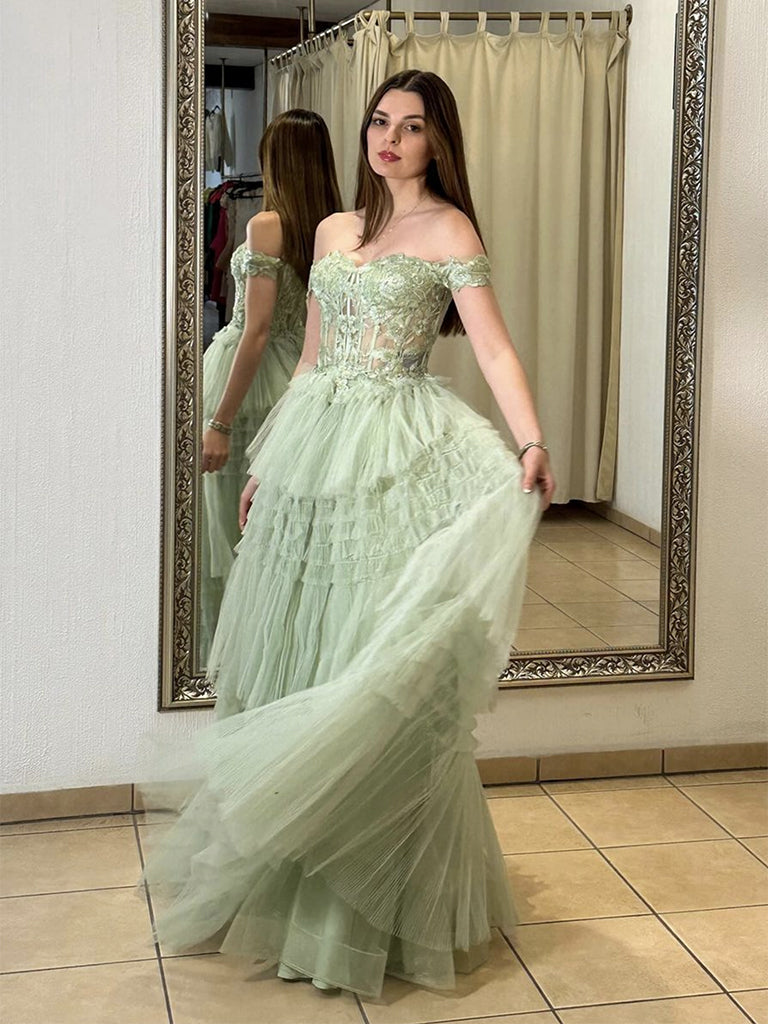 A-Line Sweetheart Neck Off Shoulder Tulle Lace Green Long Prom Dress