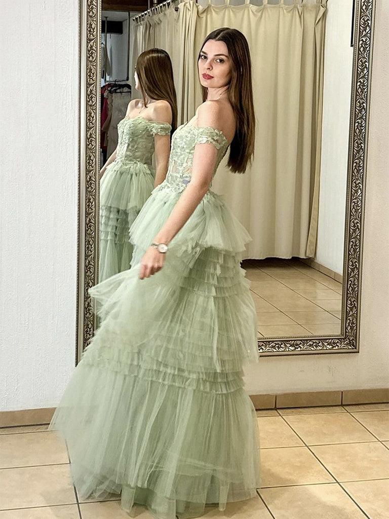 A-Line Sweetheart Neck Off Shoulder Tulle Lace Green Long Prom Dress