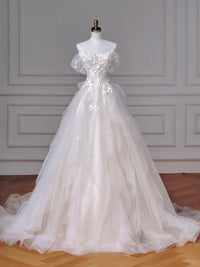 A-Line Off Shoulder Tulle Lace Light Champagne Long Prom Dress