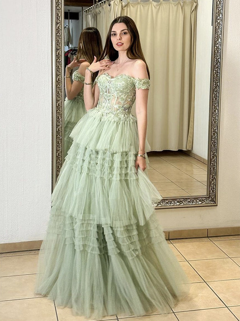 A-Line Sweetheart Neck Off Shoulder Tulle Lace Green Long Prom Dress