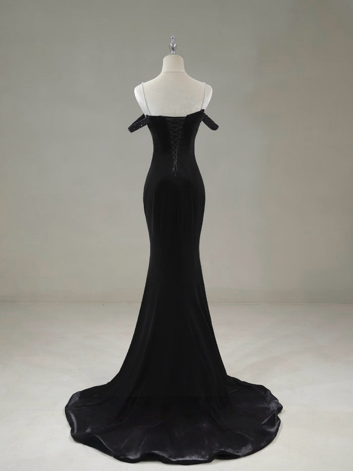 Mermaid Off Shoulder Velvet Sweep Train Black Prom Dress with Beads